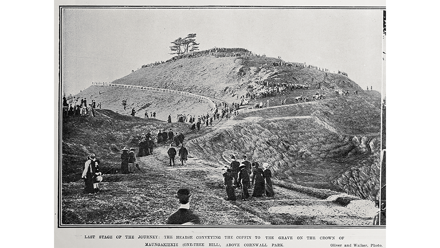 Sir John Logan Campbell's hearse going up to the summit of Maungakiekie in 1912.