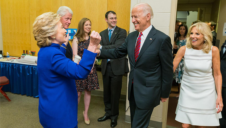 The Bidens, Joe and Jill, meet the Clintons, Hillary, Bill and Chelsea, with her husband Marc Mezvinsky.