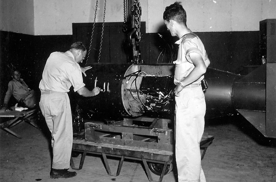 Cdr A Birch and Dr Norman Ramsay, right, examine the Little Boy bomb during its development at Los Alamos, New Mexico, in 1945. Ramsay was responsible for evaluating potential bomber types to carry the Thin Man bomb and suggested the Avro Lancaster as a potential nuclear bomber.