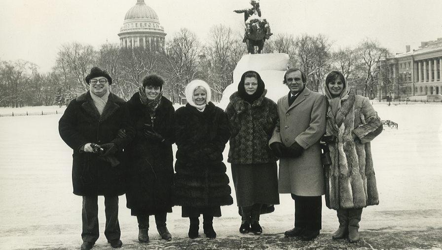Margaret Wilson, third from left, leads a Labour Party delegation to Russia, 1985, with Fran Wilde, second from left, Alison and Tony Timms, second and third from right, with interpreters.
