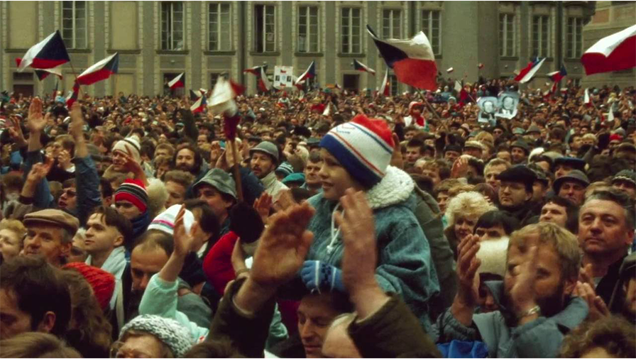 Czech celebrate the end of communism in the Velvet Revolution, 1989.